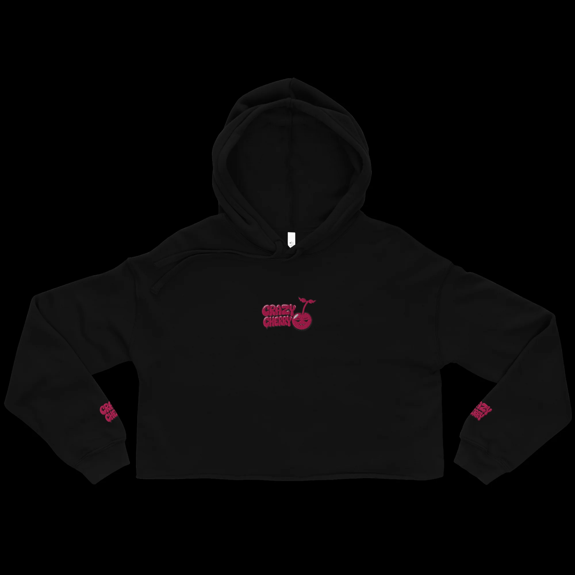 Cherry Crop Hoodie flat, front - chest logo, stitched wrist marks.