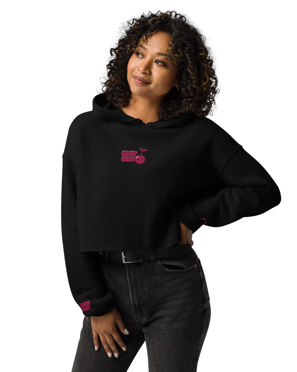 Cherry Crop Hoodie worn, front - chest logo and raw hem.